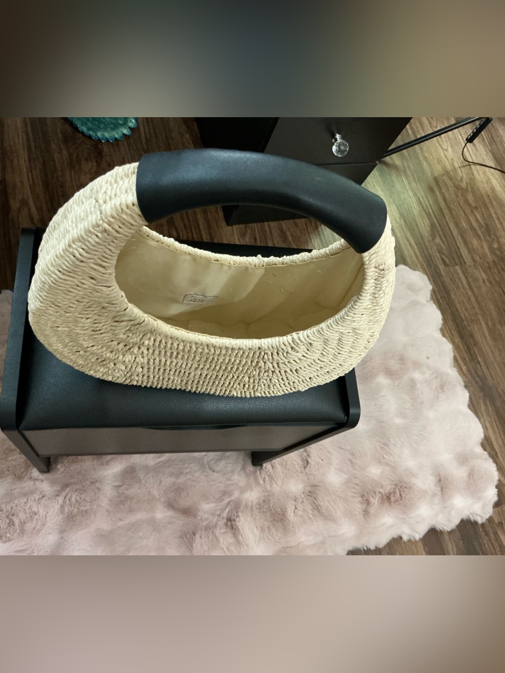 Cream Straw Handle Bag with Black Top Handle